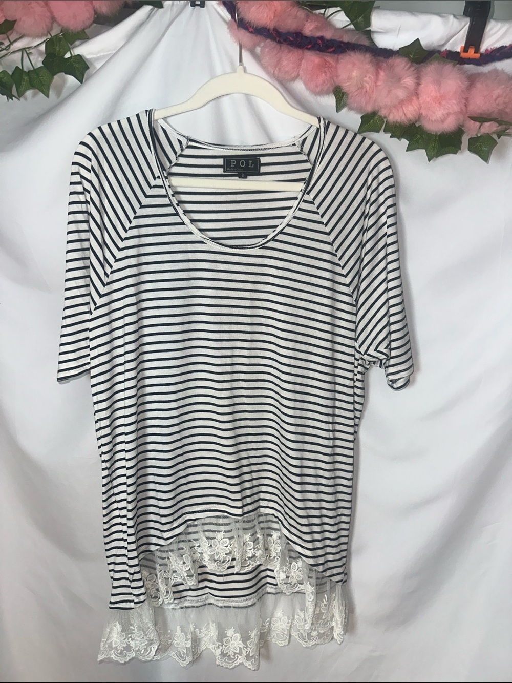POL Black & White Striped Tunic with Lace Hem
